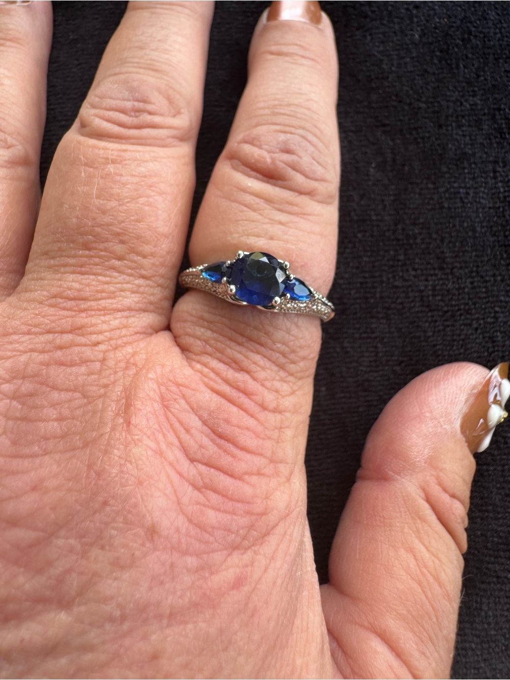 Blue Sapphire-Lab created Three-Stone Ring - Sterling Silver Sz 10 3/4